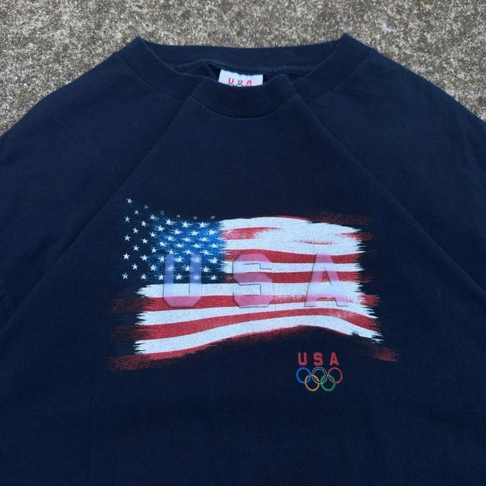 Vintage 90s USA Olympics T Shirt American Flag Single Stitch Navy XL (g4a)